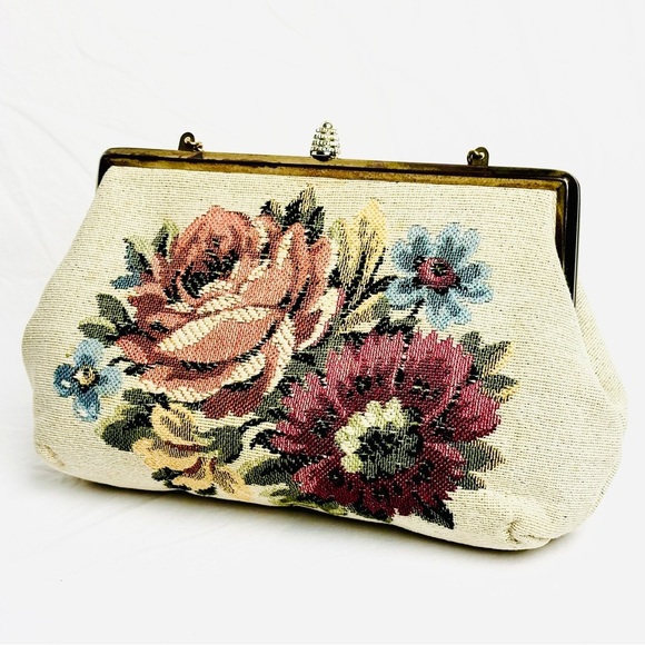 Verdi Mid-Century Vintage Floral Embroidered Bag GUC w/ Gold Tone Chain - Picture 2 of 14